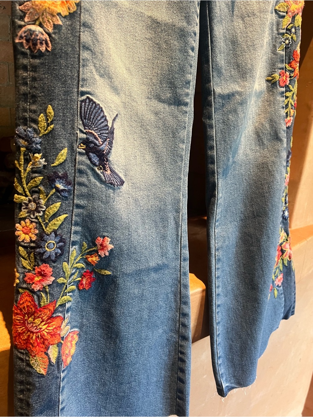 DRIFTWOOD Blue Denim Flare Jeans with Multicolor Floral Embroidery - Picture 3 of 6